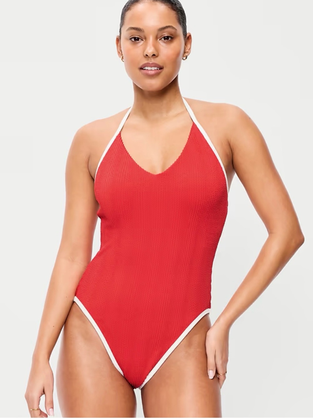 Red Halter One-Piece Swimsuit Ribbed V-Neck Halter High Cut NWT